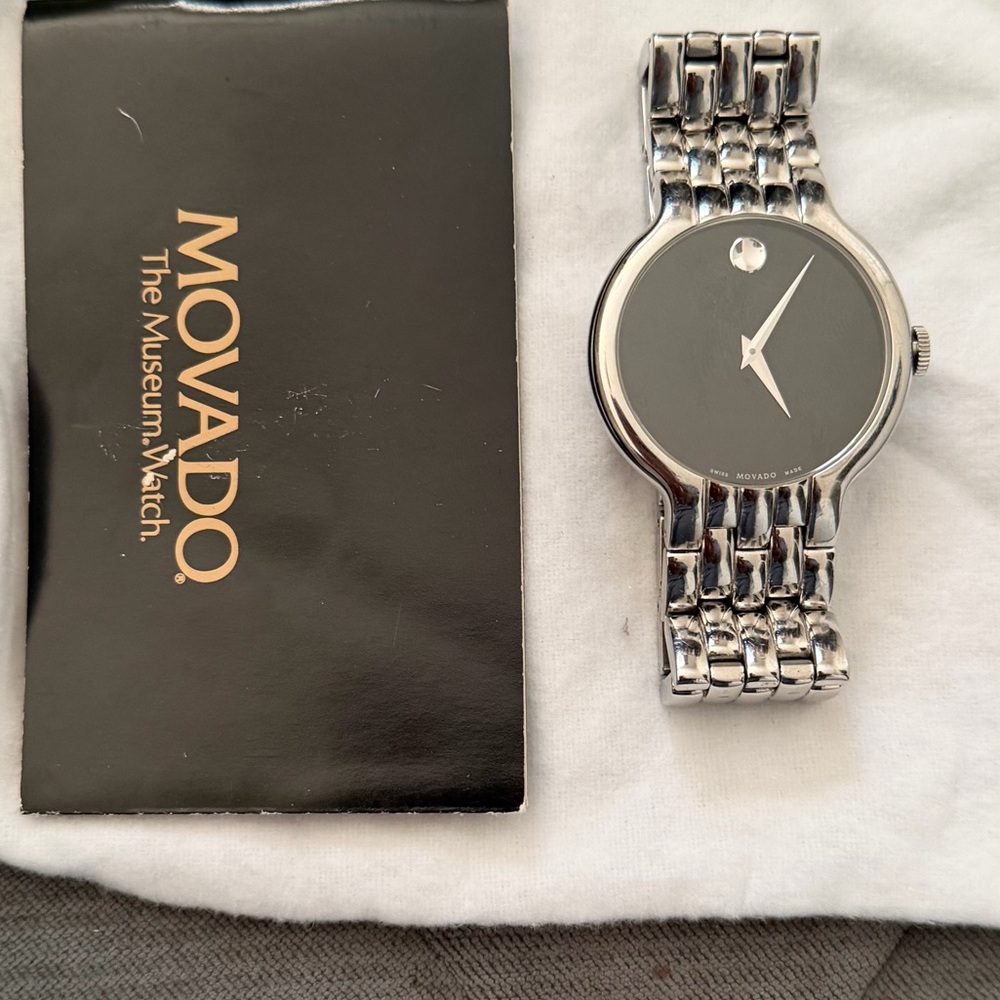 Movado Silver Watch with Black Dial